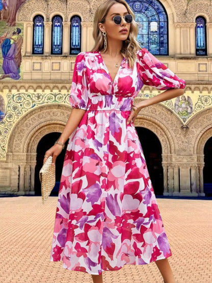 CD | Rochie midi din flori cu mâneci bufante