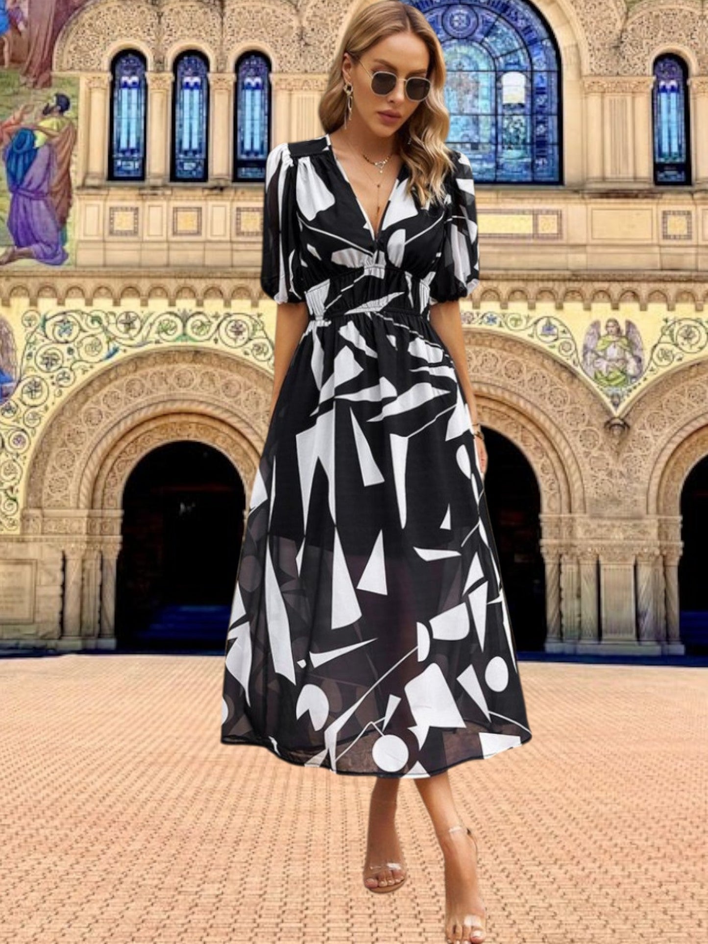 CD | Rochie midi din flori cu mâneci bufante