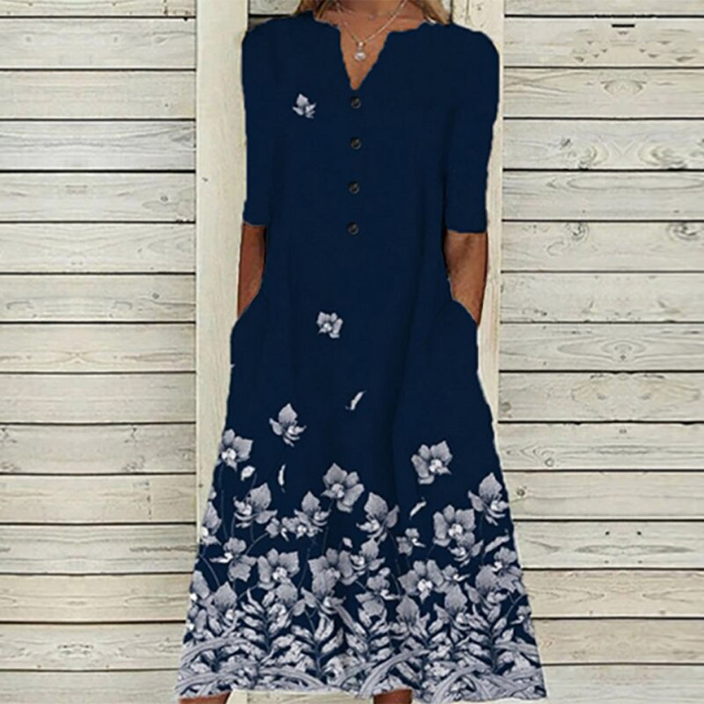 CD | Rochie midi pentru femei - decolteu în V - butonieră - mâneci scurte - imprimeu floral cu fluturi - buzunare