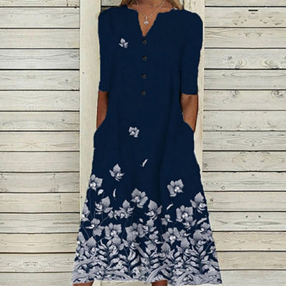 CD | Rochie midi pentru femei - decolteu în V - butonieră - mâneci scurte - imprimeu floral cu fluturi - buzunare