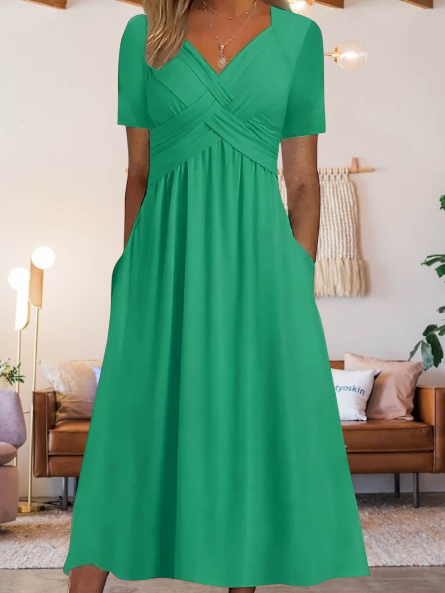 CD | Femei V-neck A-line rochie midi cu mâneci scurte