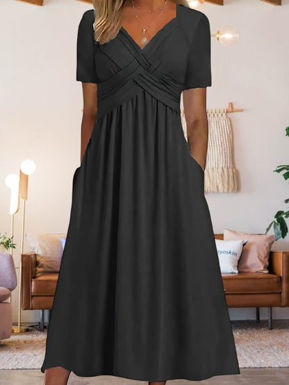 CD | Femei V-neck A-line rochie midi cu mâneci scurte