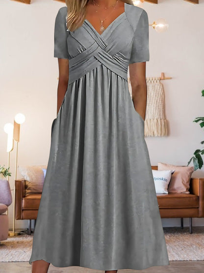 CD | Femei V-neck A-line rochie midi cu mâneci scurte