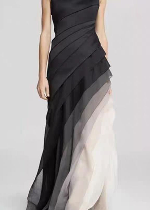 CD | franceză negru talie înaltă Patchwork Tulle Maxi rochii de vară