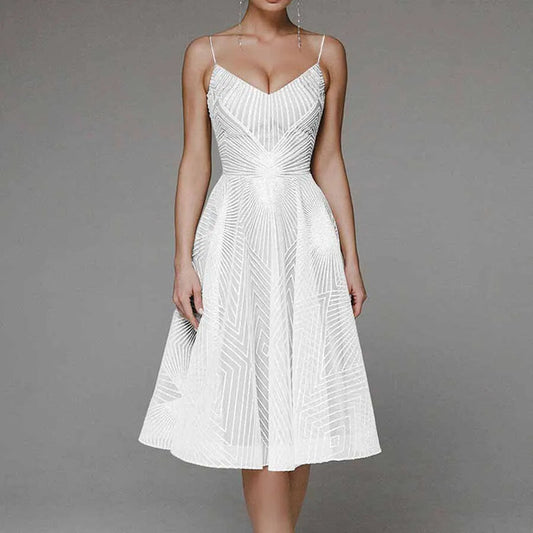 CD | Rochie midi pentru femei - A-line - Bretele spaghete - Design geometric cu decolteu în V