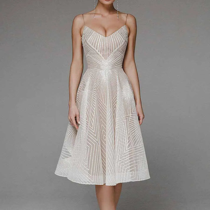 CD | Rochie midi pentru femei - A-line - Bretele spaghete - Design geometric cu decolteu în V
