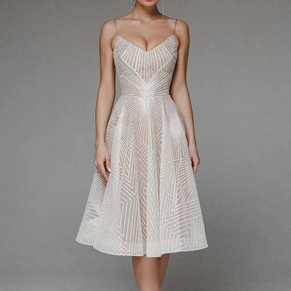 CD | Rochie midi pentru femei - A-line - Bretele spaghete - Design geometric cu decolteu în V