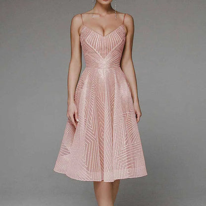 CD | Rochie midi pentru femei - A-line - Bretele spaghete - Design geometric cu decolteu în V
