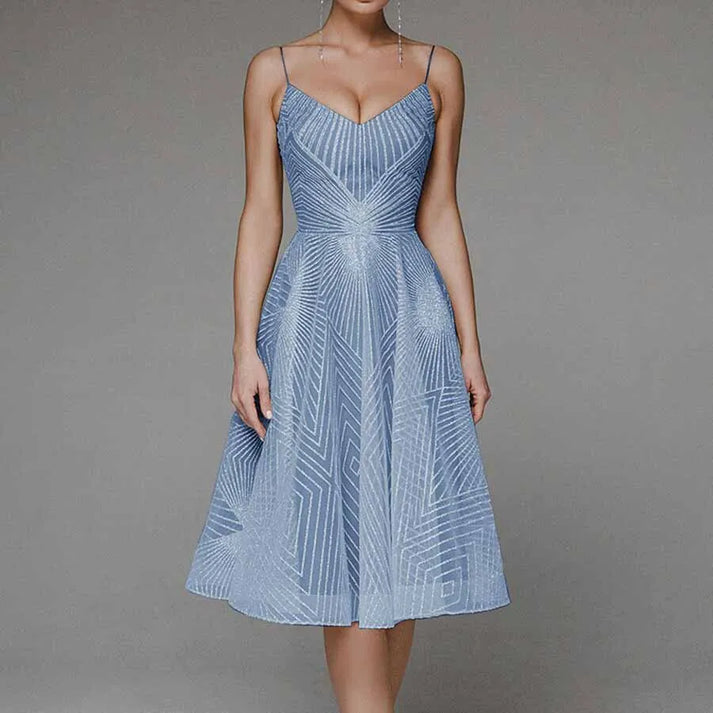 CD | Rochie midi pentru femei - A-line - Bretele spaghete - Design geometric cu decolteu în V