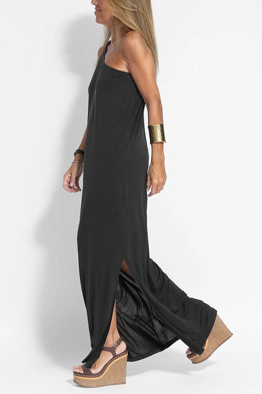 CD | Rochie midi casual fără mâneci, cu un singur umăr, din bumbac și in, cu o croială lejeră