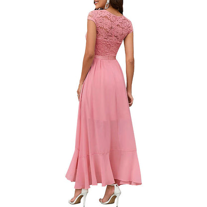 CD | Ladies V-Neck Short Sleeve Formal Dress with Lace Bodice