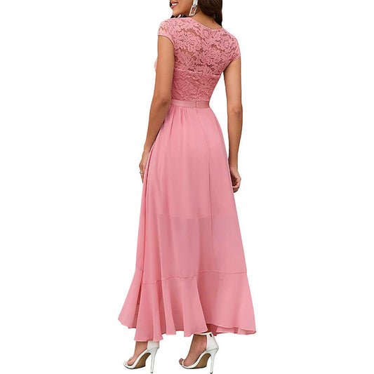 CD | Ladies V-Neck Short Sleeve Formal Dress with Lace Bodice
