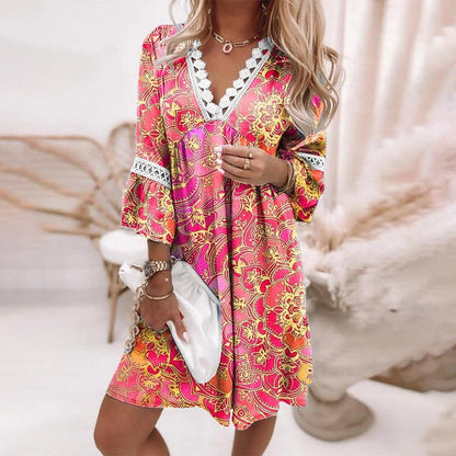 CD | Rochie midi pentru femei - Ținută relaxată - Decolteu în V cu dantelă - Fibre naturale - Stil boho