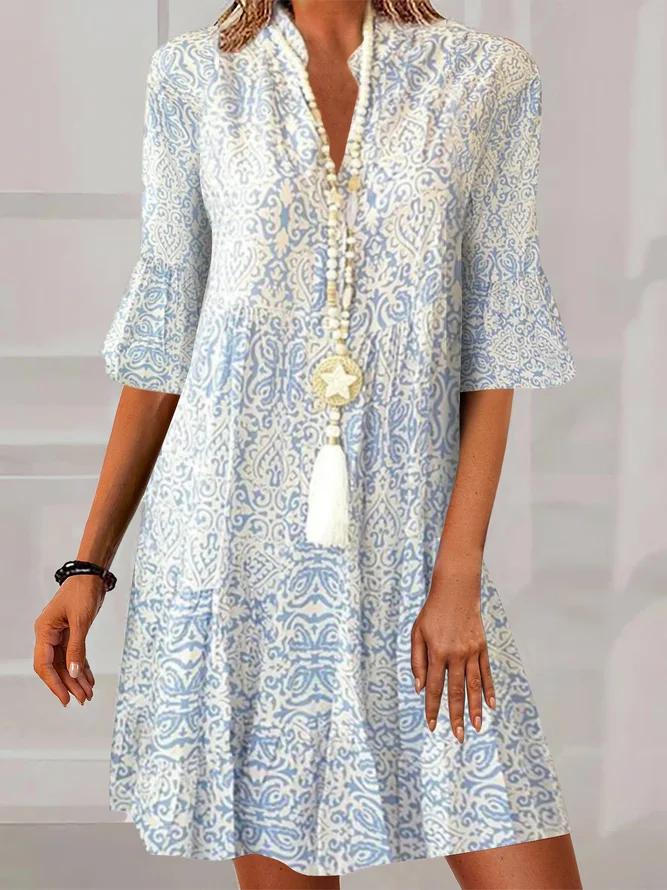 CD | Weathered Albastru Alb Vintage Print Half Sleeve Mini Rochie