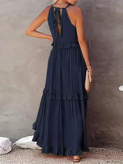 CD | Rochie maxi pentru femei - Gât halter - Straturi încrețite - Croială fluidă - Bumbac ușor