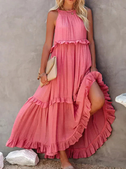CD | Rochie maxi pentru femei - Gât halter - Straturi încrețite - Croială fluidă - Bumbac ușor