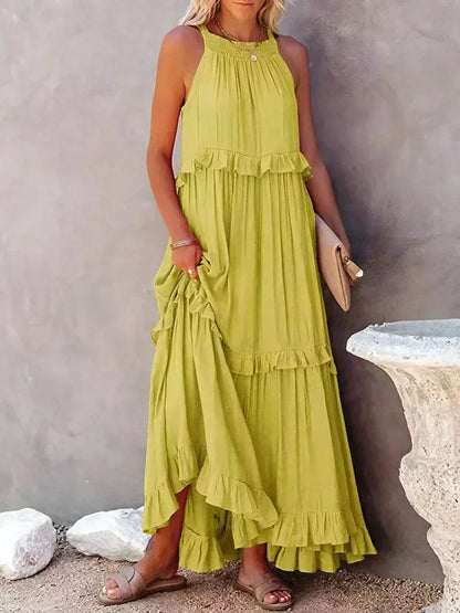 CD | Rochie maxi pentru femei - Gât halter - Straturi încrețite - Croială fluidă - Bumbac ușor