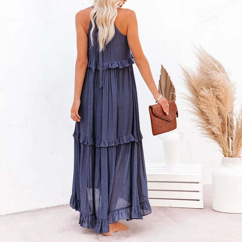 CD | Rochie maxi pentru femei - Gât halter - Straturi încrețite - Croială fluidă - Bumbac ușor