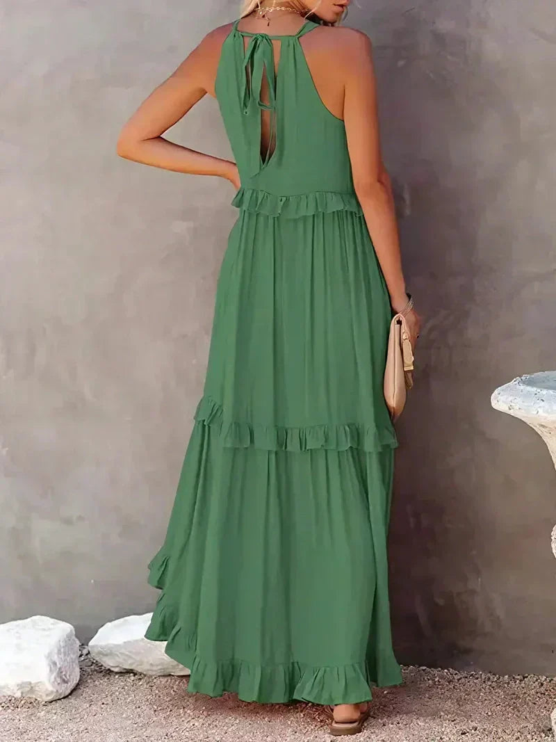 CD | Rochie maxi pentru femei - Gât halter - Straturi încrețite - Croială fluidă - Bumbac ușor