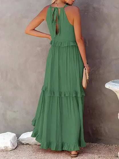 CD | Rochie maxi pentru femei - Gât halter - Straturi încrețite - Croială fluidă - Bumbac ușor