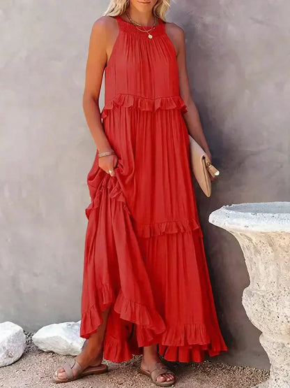CD | Rochie maxi pentru femei - Gât halter - Straturi încrețite - Croială fluidă - Bumbac ușor