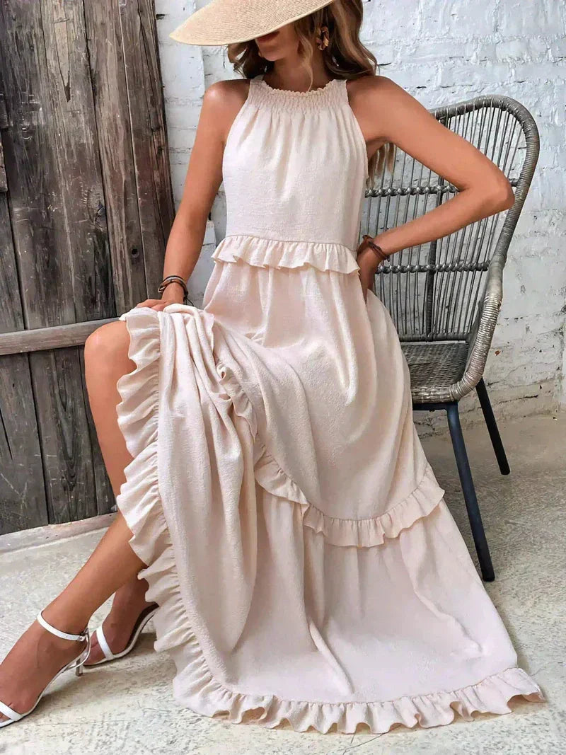 CD | Rochie maxi pentru femei - Gât halter - Straturi încrețite - Croială fluidă - Bumbac ușor