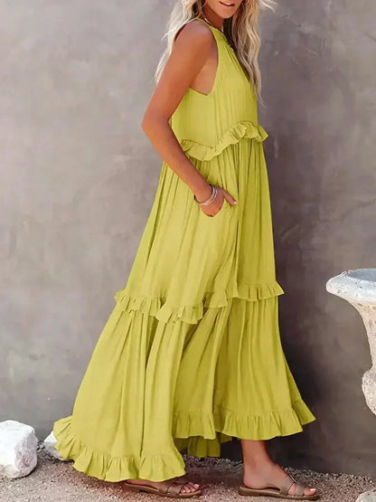 CD | Rochie maxi pentru femei - Gât halter - Straturi încrețite - Croială fluidă - Bumbac ușor