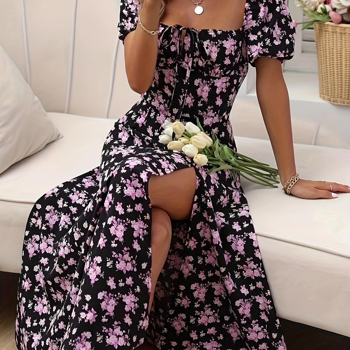 CD | Rochii midi pentru femei | Rochie midi cu mânecă lungă | Rochie midi cu flori