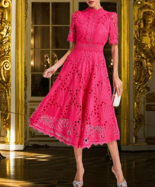 CD | Rochie midi din dantelă cu decolteu rotund flatant