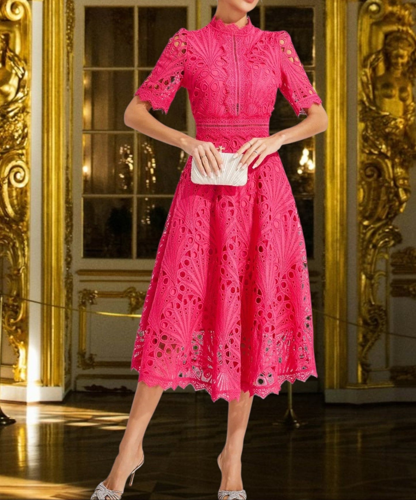 CD | Rochie midi din dantelă cu decolteu rotund flatant