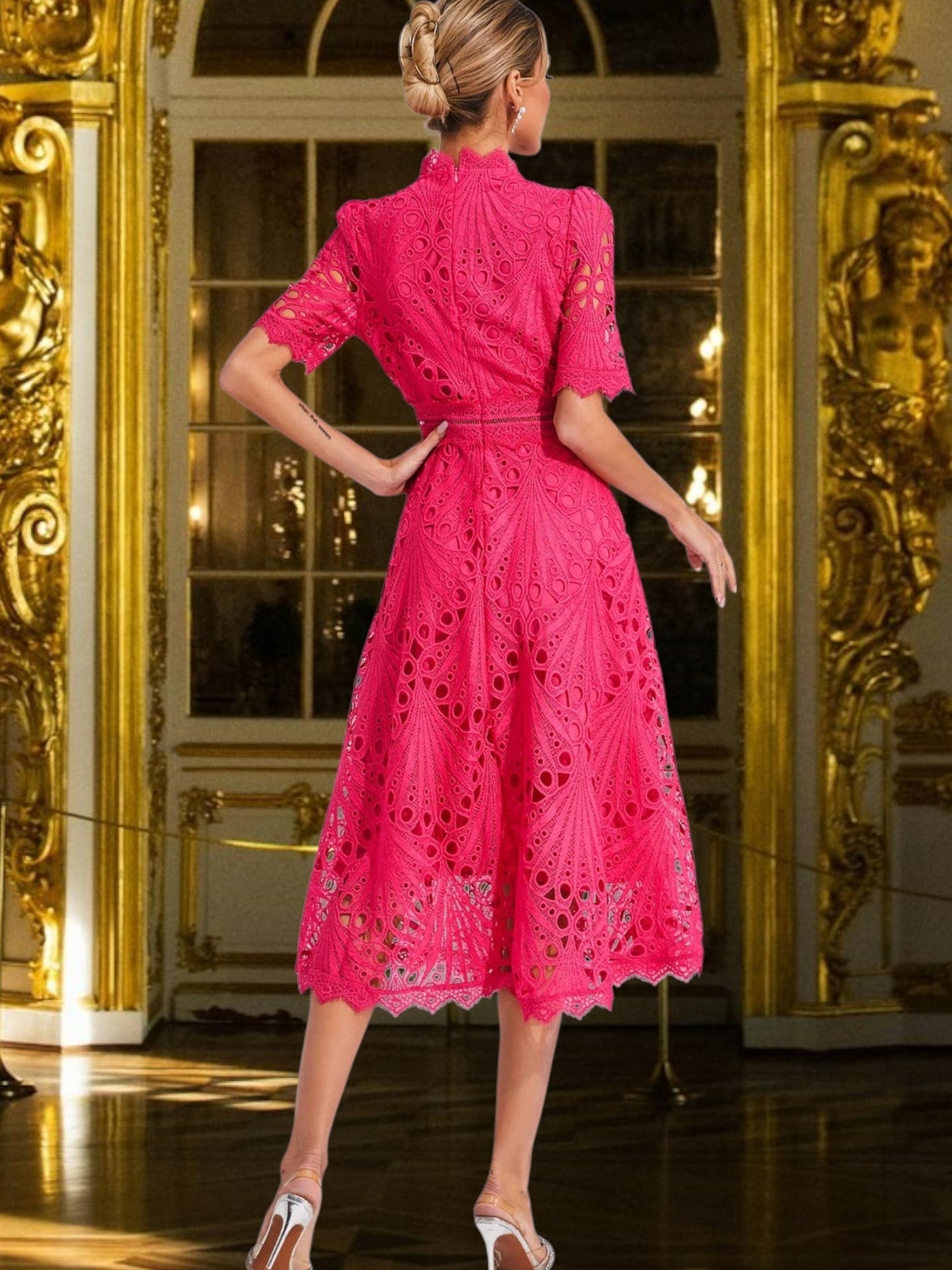 CD | Rochie midi din dantelă cu decolteu rotund flatant