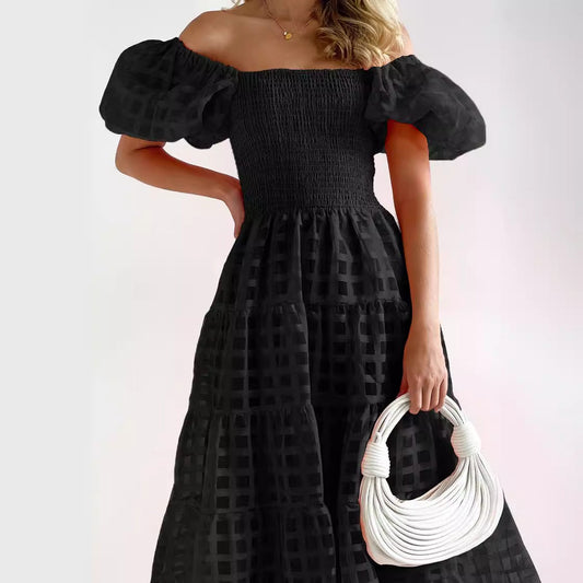 CD | Rochie maxi pentru femei - off-the-shoulder - mâneci bufante - talie smocked - fustă cu cravată - amestec respirabil