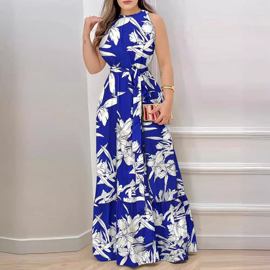 CD | Ladies Halter rochie maxi - imprimeu floral - tiv adunat - cravată în talie - ținută elegantă