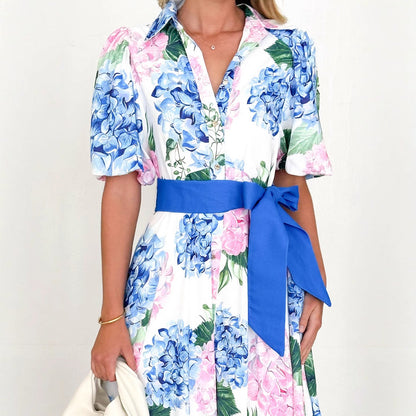 CD | Ladies rochie maxi - A-line - mâneci scurte - imprimeu floral - cravată talie stil boho