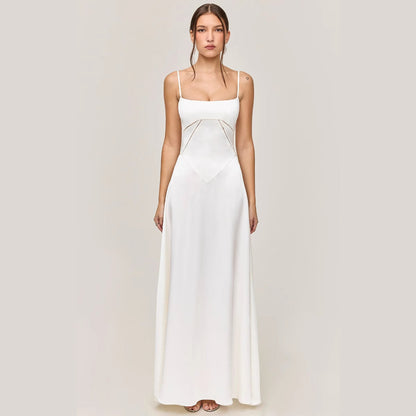 CD | Rochie midi pentru femei - slim fit - aspect satin - inserție dantelă - A-line - bretele spaghetti