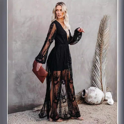 CD | Rochie lungă pentru femei - șifon dantelă - V-neck - mâneci transparente - fantă mare - uzură formală