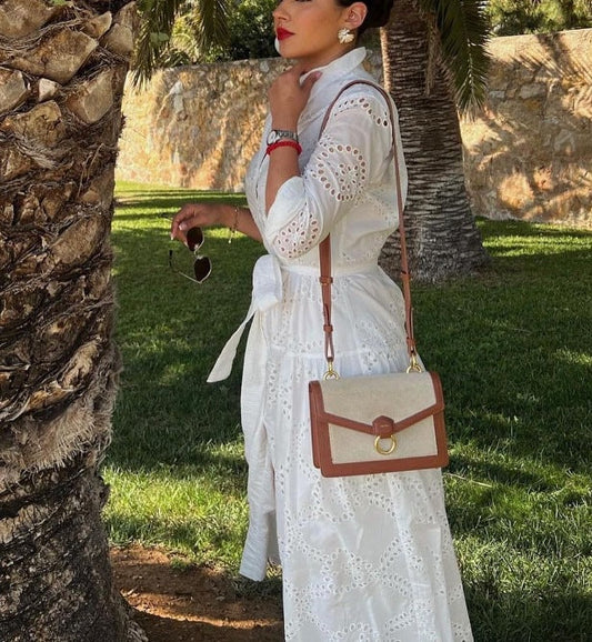 CD | Rochie midi de damă - Broderie Anglaise - Ținută relaxată - Curea în talie - Buton