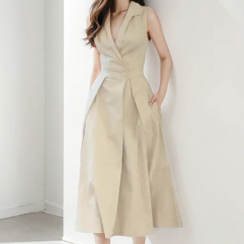 CD | Rochie midi pentru femei - Tailored fit - Decolteu în V cu buton - Fustă evazată - Fără mâneci