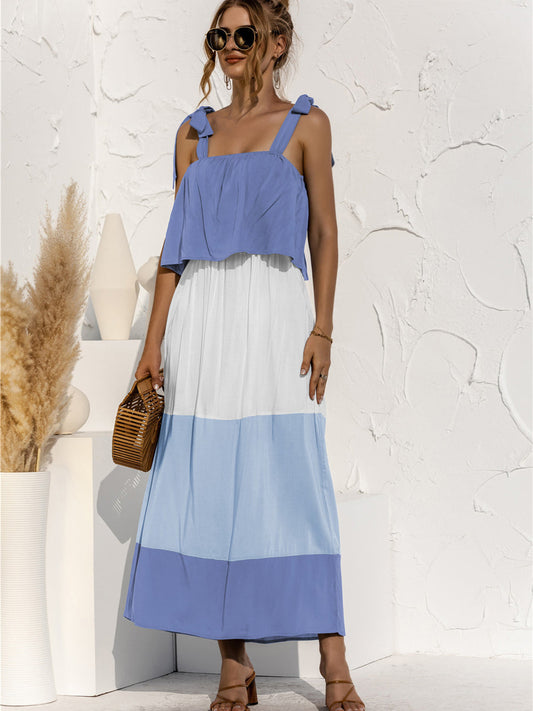 CD | Colour Block Tie Shoulder Tiered Rochie midi fără mâneci