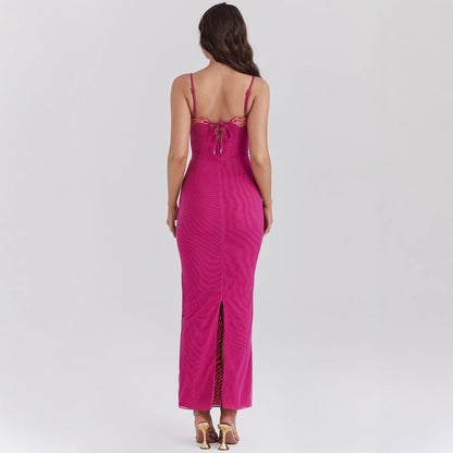 CD | Rochie maxi pentru femei - slim fit - dantelă - bustieră - bretele spaghetti - tiv transparent