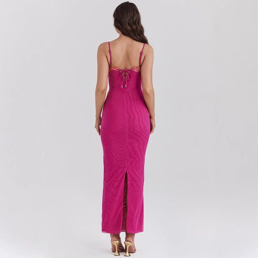 CD | Rochie maxi pentru femei - slim fit - dantelă - bustieră - bretele spaghetti - tiv transparent