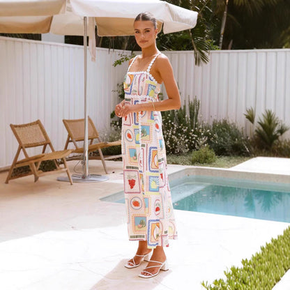CD | Rochie maxi pentru femei - Imprimeu geometric - Dantelă - Fără mâneci, croială fluidă
