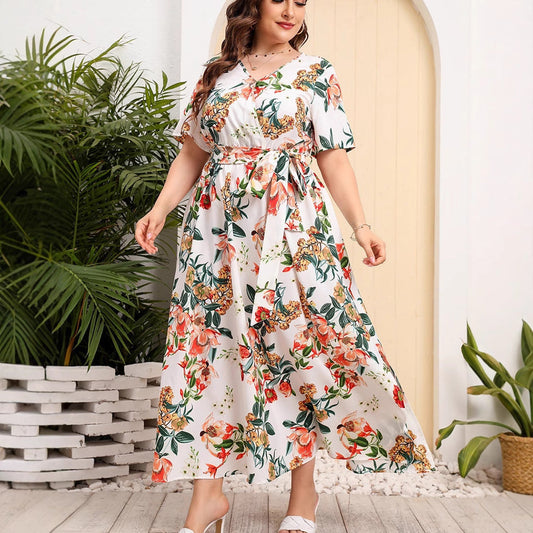 CD | Rochie midi pentru femei - A-line - decolteu în V - mâneci scurte - imprimeu floral - curea în talie