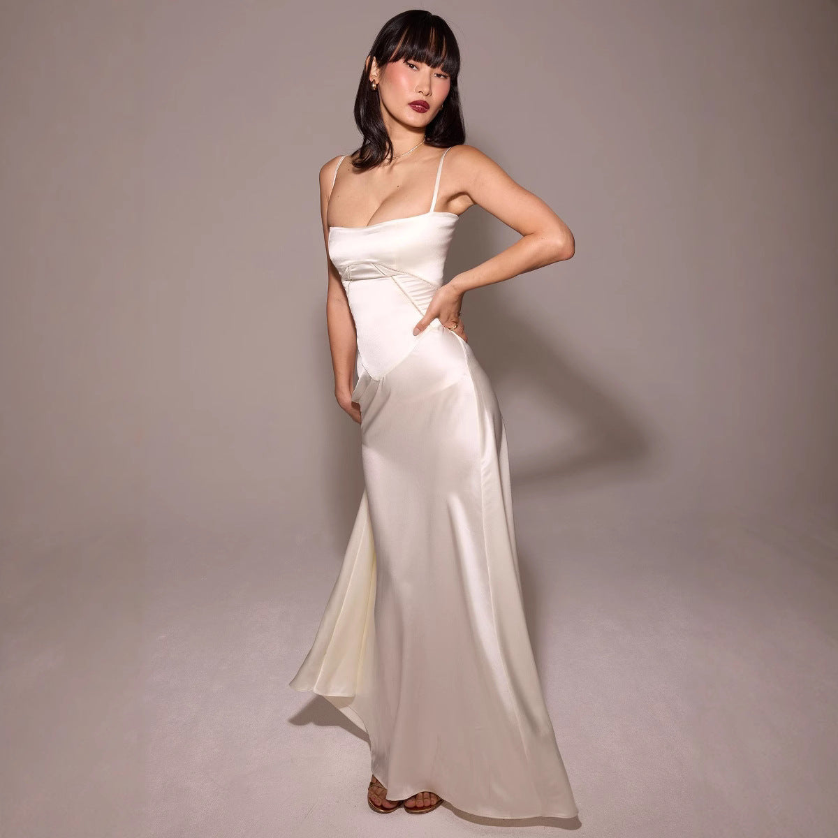 CD | Rochie midi pentru femei - slim fit - aspect satin - inserție dantelă - A-line - bretele spaghetti