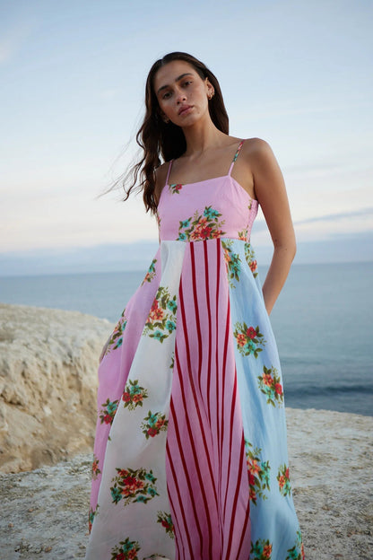 CD | Rochie maxi pentru femei - Bumbac ușor - Croială fluidă - Bretele spaghetti - Imprimeu artistic