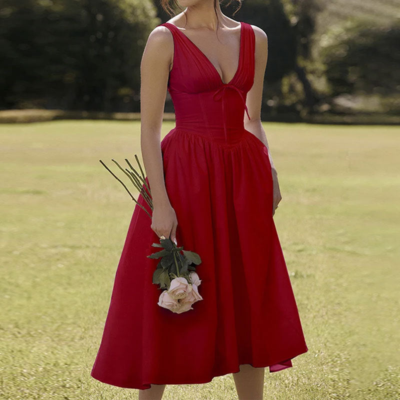 CD | Rochie midi pentru femei - Decolteu în V - A-line - Bretele spaghetti - Model floral - Ușor
