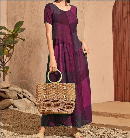 CD | Ladies Rochie lungă - A-line Loose fit - Bumbac - Imprimeu în carouri - Mâneci scurte Casual