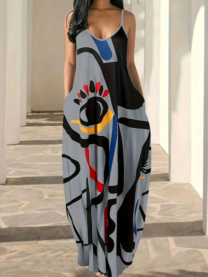 CD | Rochie maxi pentru femei - Imprimeu abstract - Bretele spaghetti - Croială lejeră - Amestec de bumbac