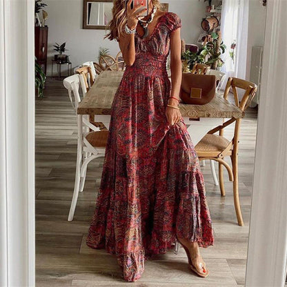 CD | Rochie maxi pentru femei - Decolteu în V - Partea de sus smocked - Fustă cu cravată - Amestec de bumbac - Ținută relaxată