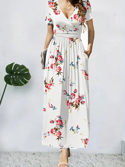CD | Rochie maxi pentru femei - model floral - croială A-line - decolteu V - mâneci scurte